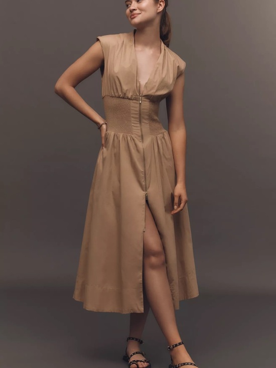 Anthropologie Dresses & Skirts - Anthropologie Tan Tommie Shirred-Waist Zip-Front Midi Dress